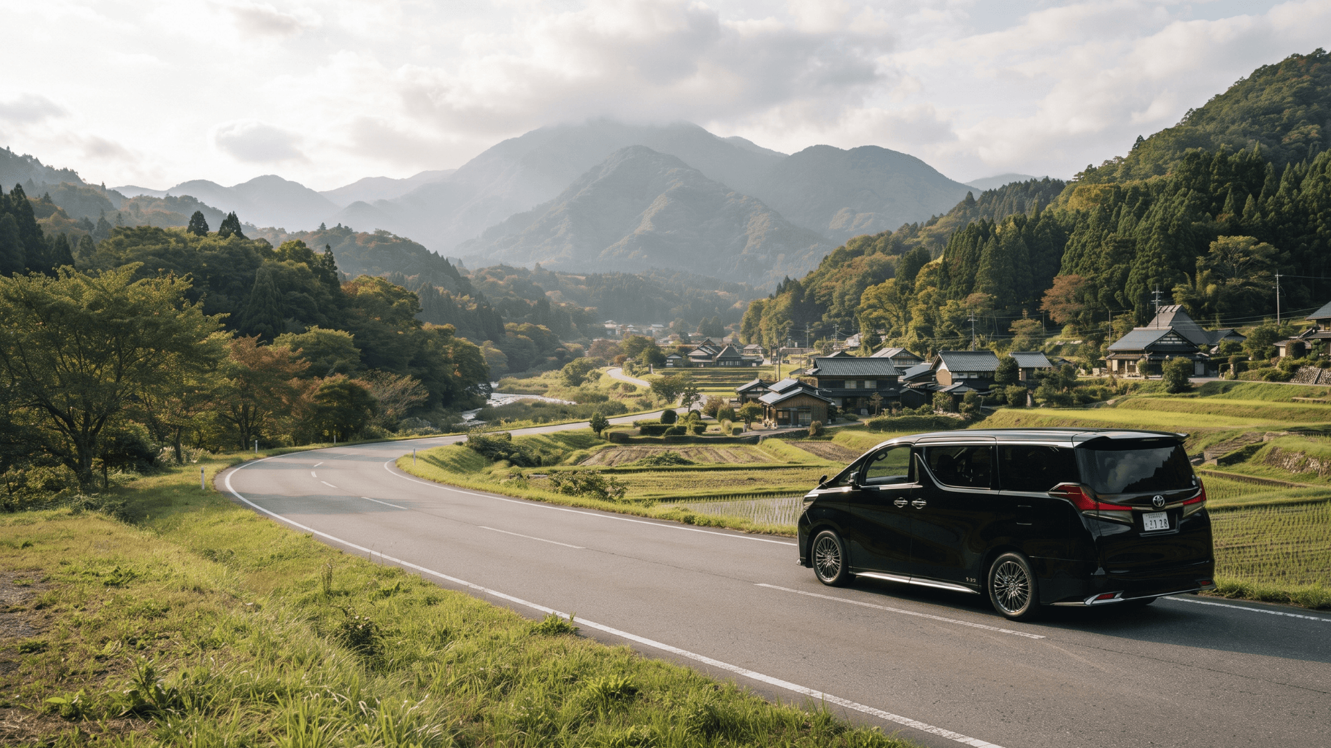 A premium black Toyota Alphard luxury van driving along a scenic, winding country road in a lush, green Japanese mountain valley with traditional village houses and terraced rice fields.
