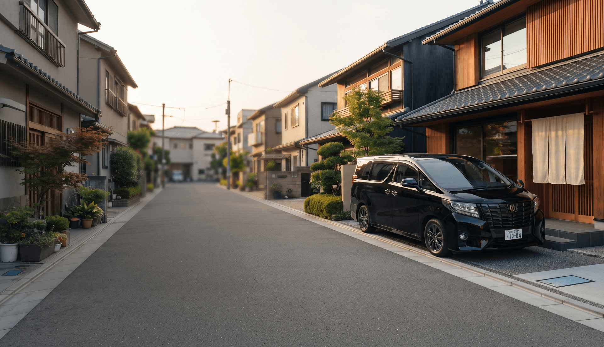 A premium black Toyota Alphard luxury passenger van parked on a clean, authentic Japanese residential street representing Karvaan Tours private Japan travel services