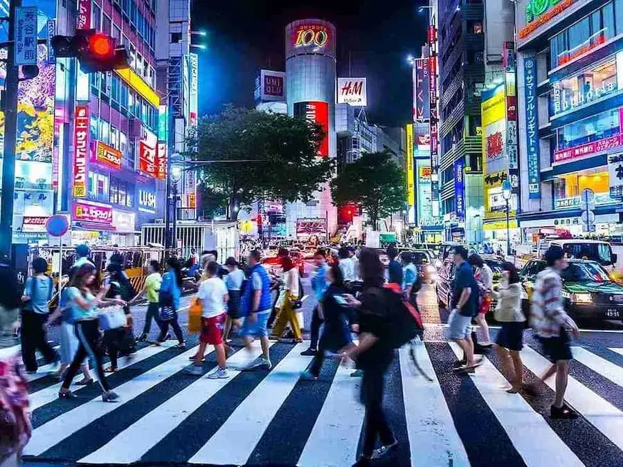 Tokyo Shibuya Crossing at night with neon lights