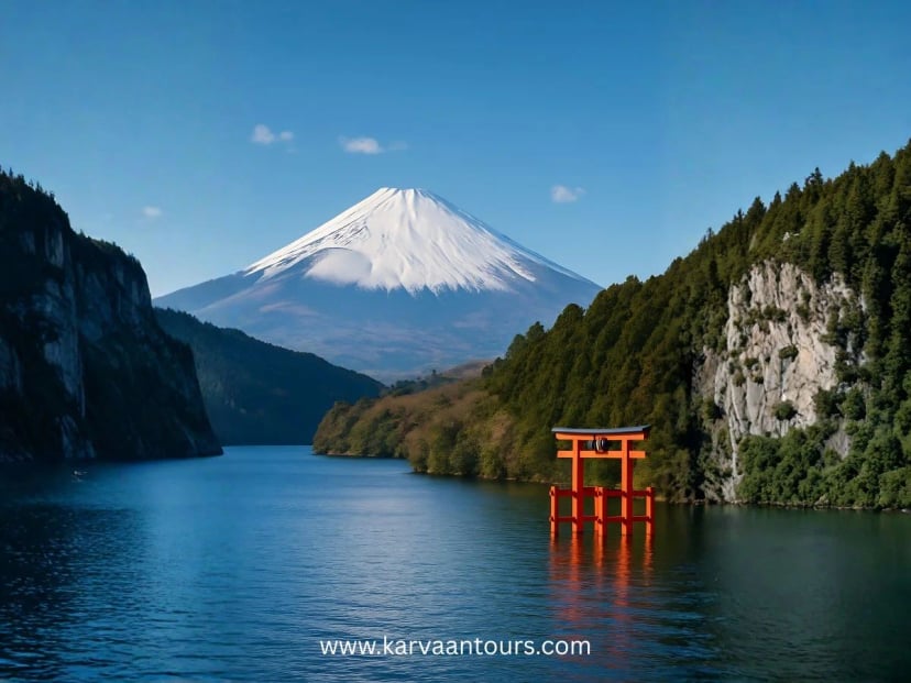 Mount Fuji view with Torii Gate at Lake Ashi