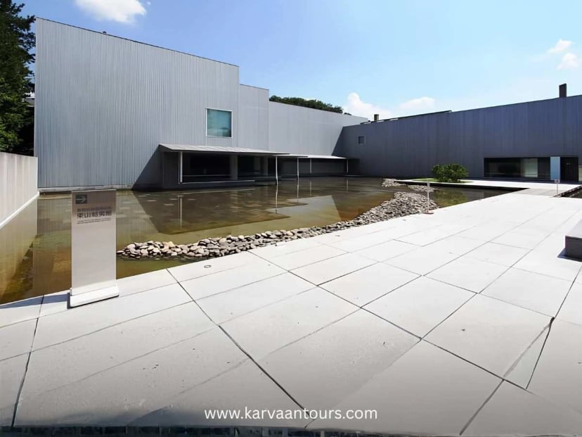 Modern architecture of Nagano Prefectural Art Museum with reflecting water courtyard in Nagano City Japan