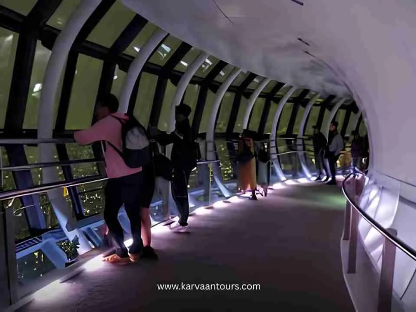People standing inside Tokyo Skytree observation deck looking out at illuminated Tokyo city at night