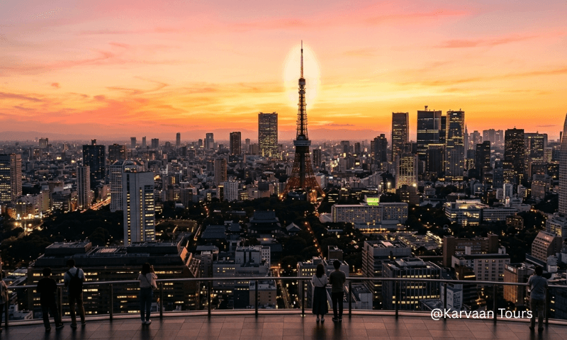 Sunset view from Tokyo City View Roppongi Hills Tokyo Tower and panoramic cityscape at golden hour