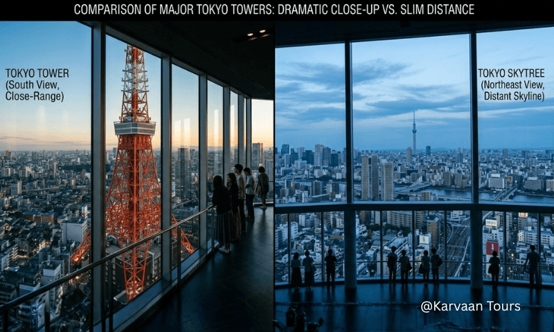 Tokyo observation deck comparison — Tokyo Tower close-up from Roppongi Hills vs Tokyo Skytree on the horizon