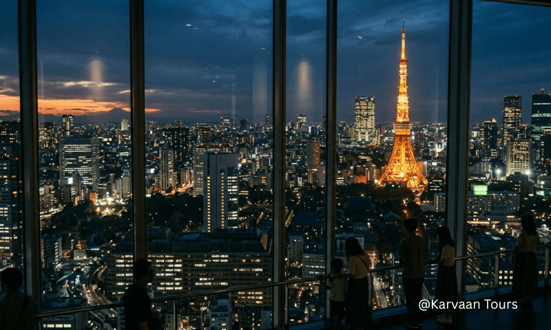 Tokyo City View night photography — Tokyo Tower illuminated at night from Roppongi Hills Mori Tower observation deck