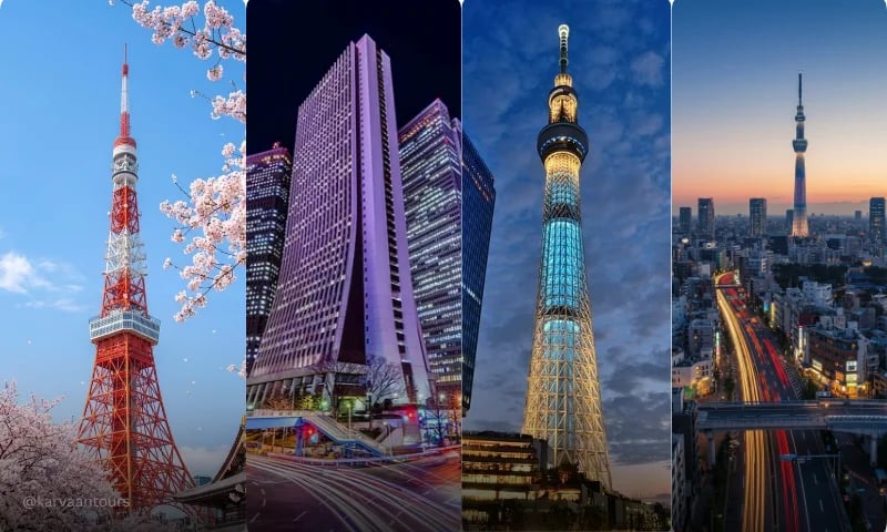 Tokyo skyline at dusk featuring Tokyo Tower and Tokyo Skytree illuminated at night