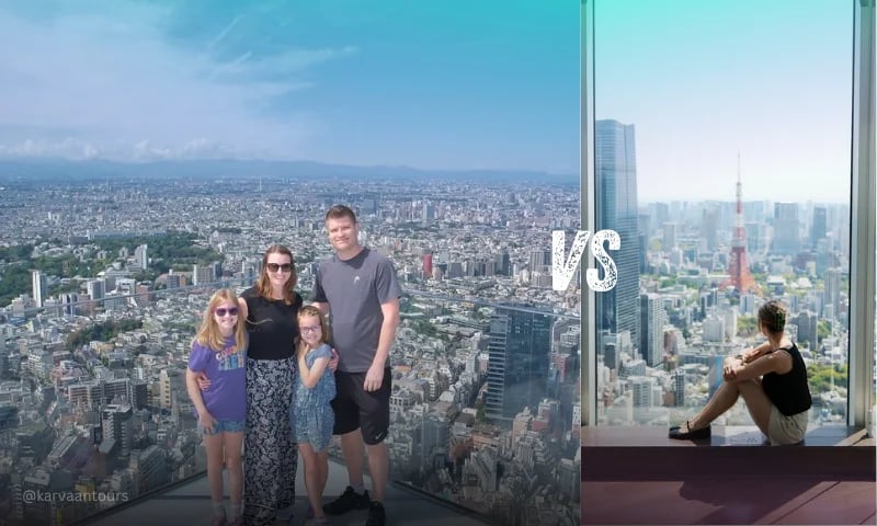 Family enjoying panoramic Tokyo skyline views from a Shinjuku observation area