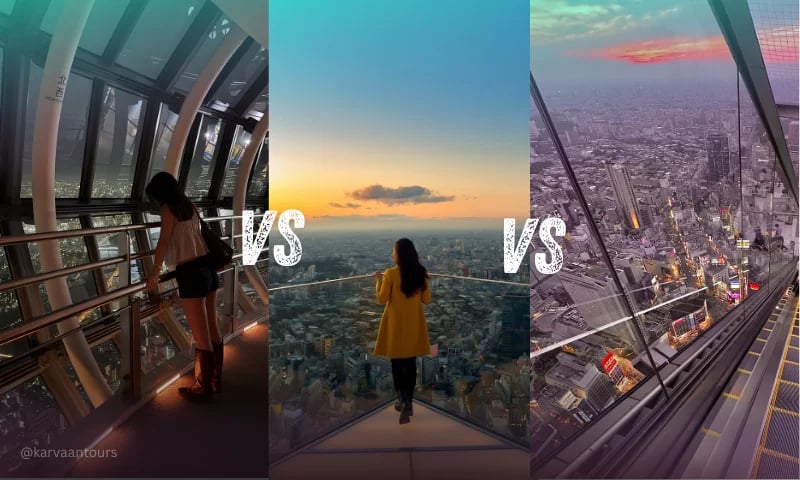 Panoramic Tokyo skyline views from different observation decks during sunset and night