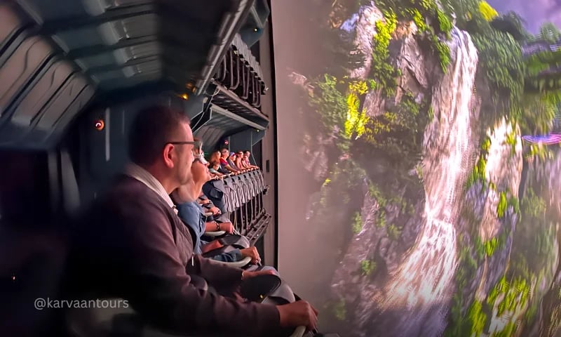 Guests riding Soaring Fantastic Flight attraction at Tokyo DisneySea