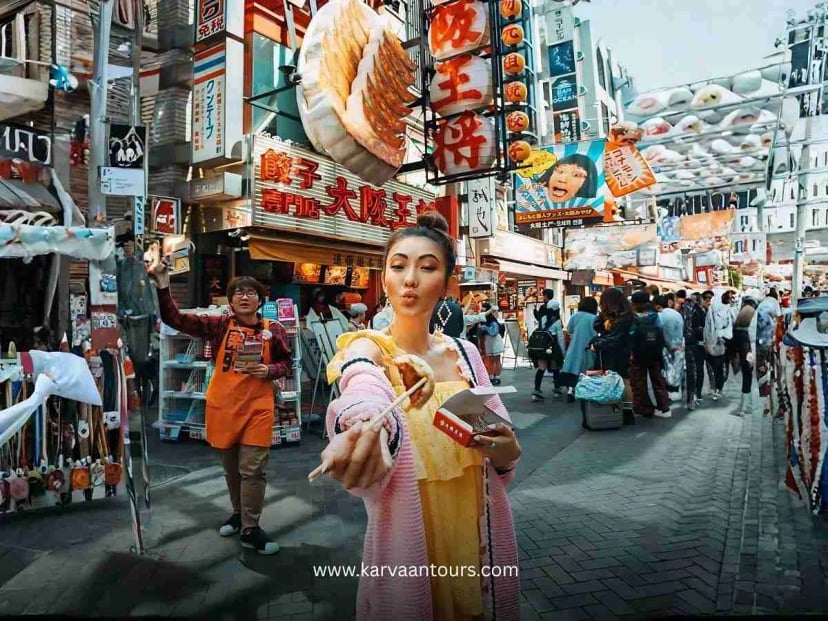 A lively scene at the outer Tsukiji Market, featuring a tourist walking along the bustling street lined with vendors selling fresh seafood and various Japanese snacks.