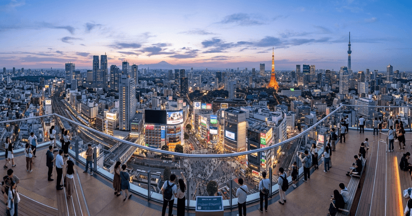 A wide-angle, panoramic view from the open-air rooftop of Shibuya Sky, showing visitors on the deck at twilight with the Tokyo Tower and a sprawling city skyline in the background.