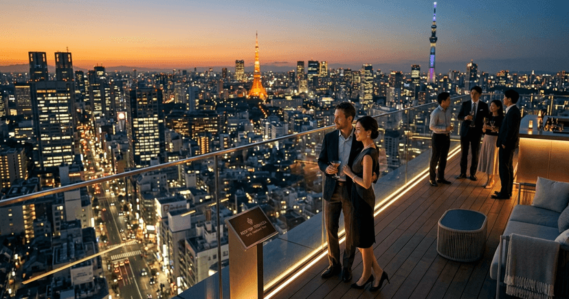 A professional, atmospheric shot of an elegant couple on a high-end rooftop terrace, enjoying drinks and conversation at dusk with the illuminated Tokyo cityscape behind them.