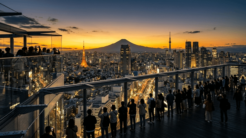 The perfect alignment: Witnessing the silhouette of Mount Fuji as it emerges against the golden Tokyo skyline at dusk.