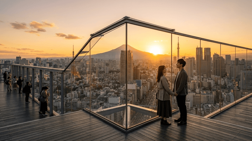 Golden hour at the edge: Capturing a timeless moment at Shibuya Sky’s most celebrated vantage point.