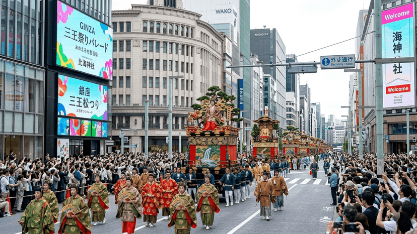 Sanno Matsuri grand parade procession traveling through Tokyo's modern business district.