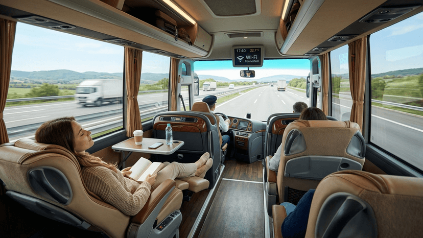 A view inside a premium coach bus, highlighting the comfortable seating and amenities available for travelers heading to the outlets.