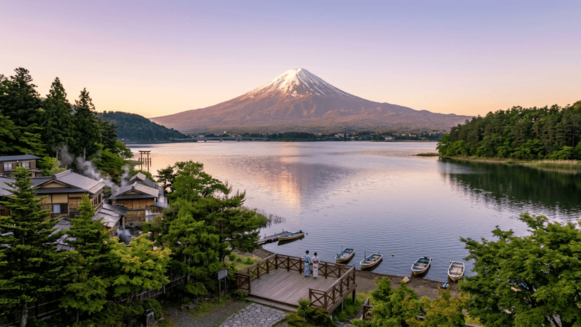 Two people in traditional yukata standing on a wooden deck overlooking Lake Kawaguchiko with Mount Fuji in the background.