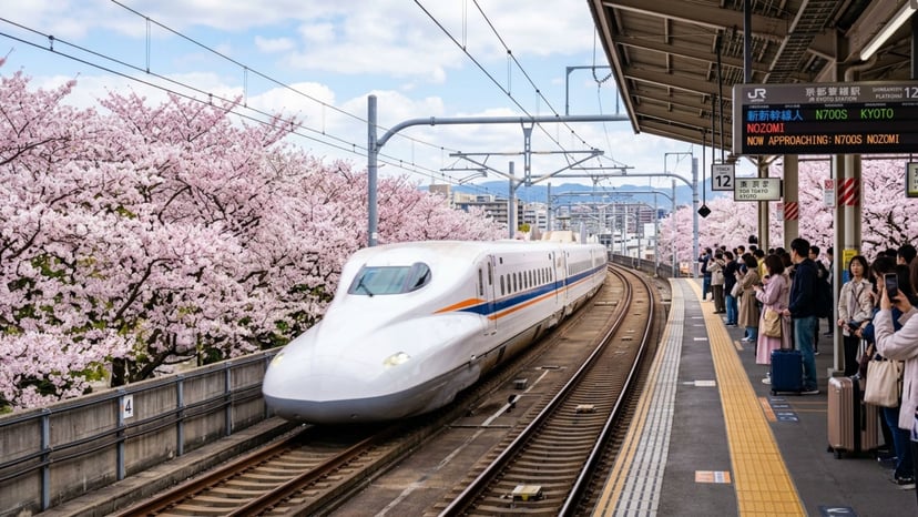 A high-speed Shinkansen train arriving at a Japanese station during cherry blossom season.