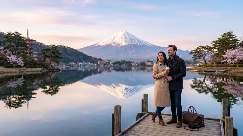 Couple viewing Mount Fuji from the calm shores of Lake Kawaguchiko.
