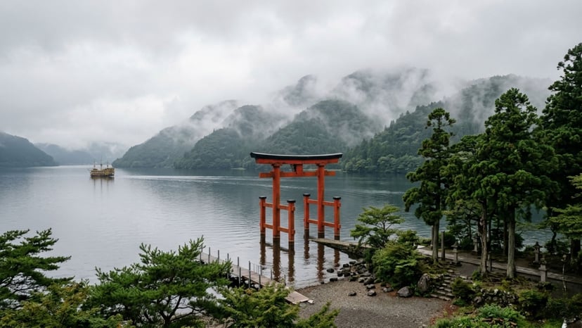 Red torii gate of Lake Ashi in Hakone, Japan, with mountains in the background.
