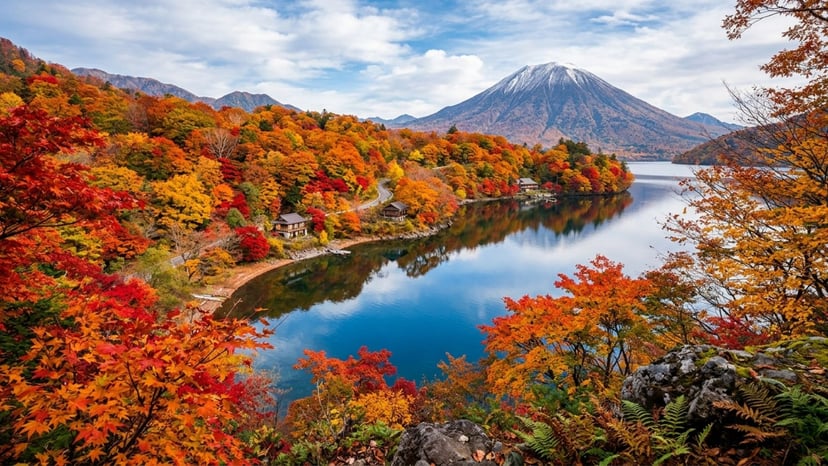 Autumn landscape in Nikko with Mount Nantai and Lake Chuzenji.