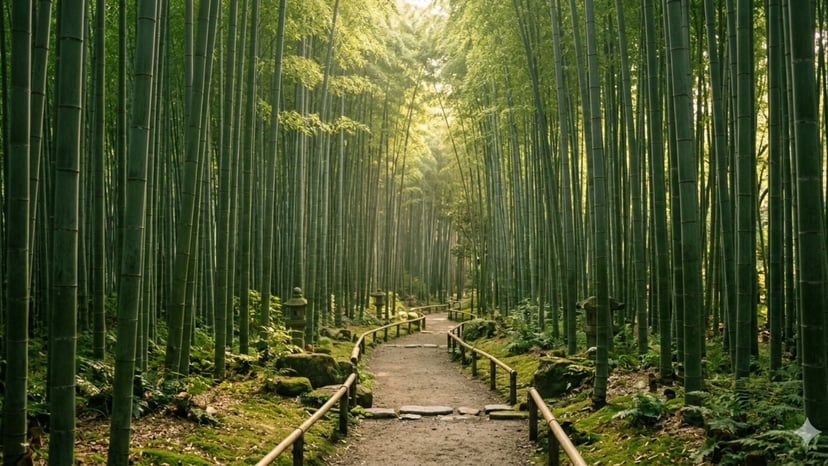 A path winding through a tall, lush green bamboo grove in Kamakura.