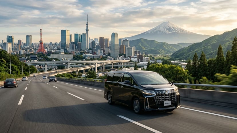 A luxury private tour vehicle leaving Tokyo for a countryside day trip.