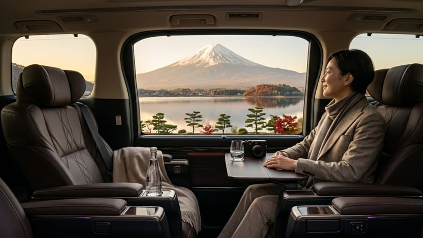 Luxury private car parked with Mount Fuji and Lake Kawaguchi in the background.