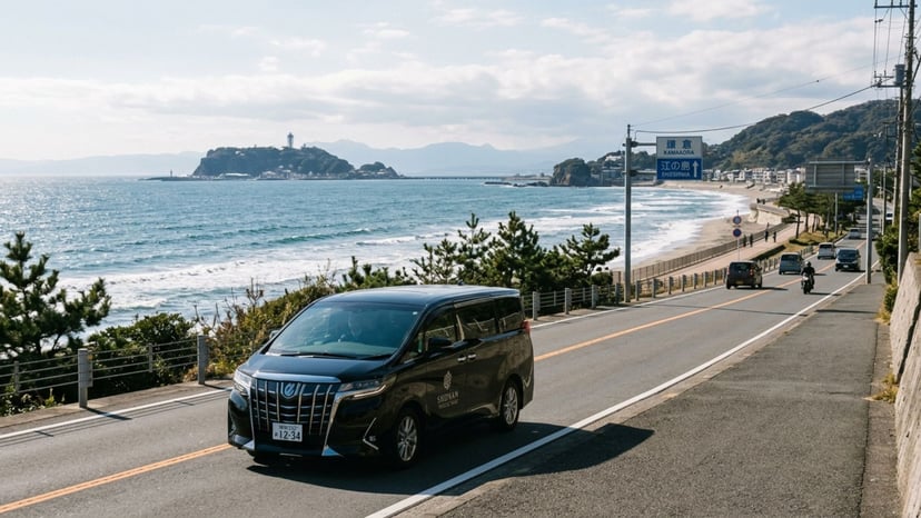 Private tour van driving along the Shonan coastline toward Enoshima and Kamakura.