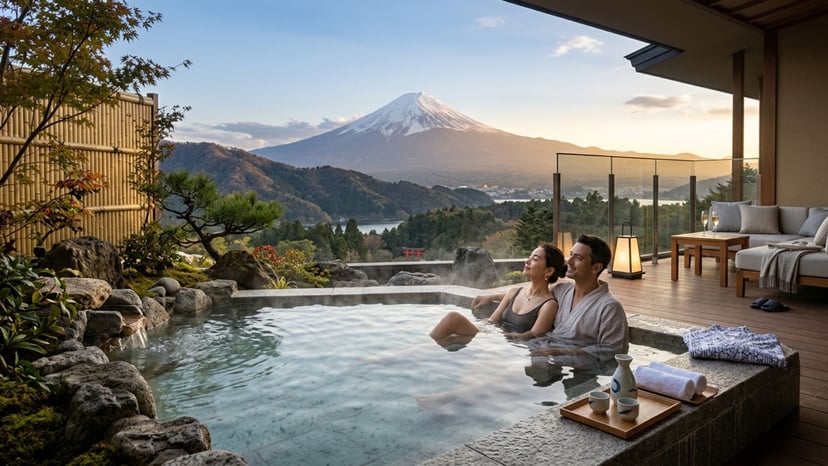 A Couple enjoying a scenic mountain in bath during a combined Fuji and Hakone VIP day trip.