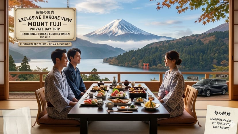 A professional travel graphic for Karvaan Tours featuring a couple in yukata enjoying a traditional Japanese Kaiseki meal at a ryokan, with a breathtaking panoramic view of Mount Fuji, Lake Ashi, and a red Torii gate in the background, accompanied by a luxury chauffeur-driven vehicle parked on the terrace.