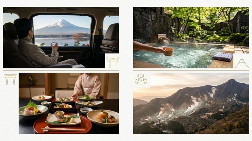 Luxury private tour in Hakone featuring Mount Fuji views, traditional kaiseki dining, and private hot spring onsen.
