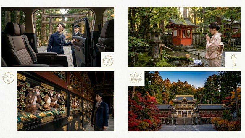Luxury private tour to Nikko Toshogu Shrine featuring traditional architecture, serene temple grounds, and autumn foliage.