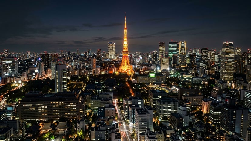 Illuminated Tokyo Tower standing as a timeless, nostalgic symbol above the glowing modern Tokyo skyline at night.