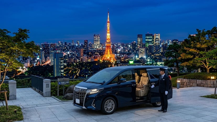 Luxury chauffeur-driven car providing comfortable and seamless access to Tokyo Tower for a premium experience.