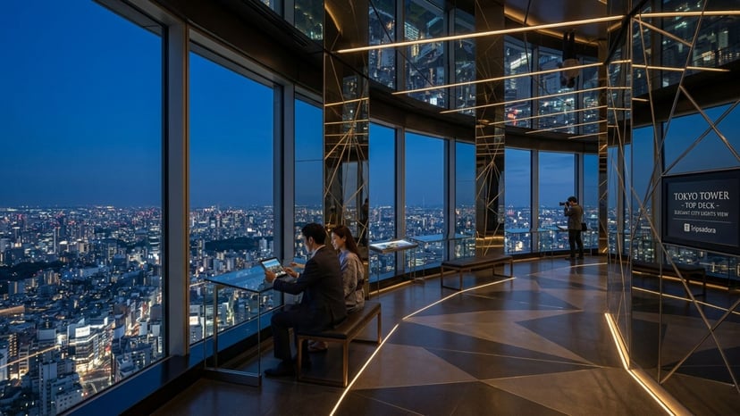 A couple using tablet in exclusive and elegant Tokyo Tower Top Deck, featuring mirrored reflections and quiet, panoramic city views.