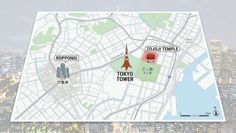 Map of Minato City highlighting Tokyo Tower and nearby luxury attractions like Shiba Park and Roppongi.