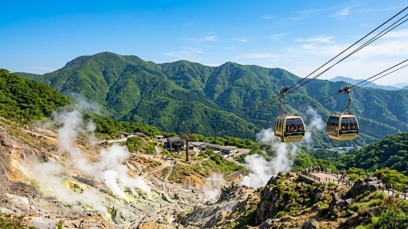 Hakone Ropeway gondolas traveling over the steaming volcanic vents of Owakudani Valley.