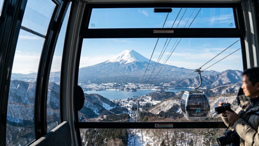 Stunning view of Mount Fuji seen through the window of a Hakone Ropeway gondola.