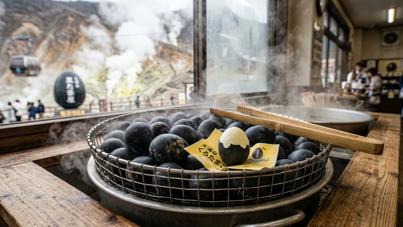 Famous Kuro Tamago black eggs being sold at Owakudani Station, Hakone.