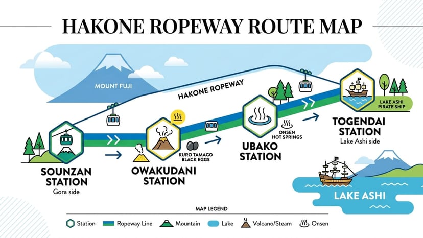 Simple route map showing the four stations of the Hakone Ropeway.