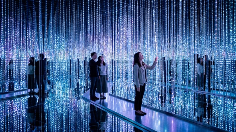Visitors standing inside Infinite Crystal World installation.