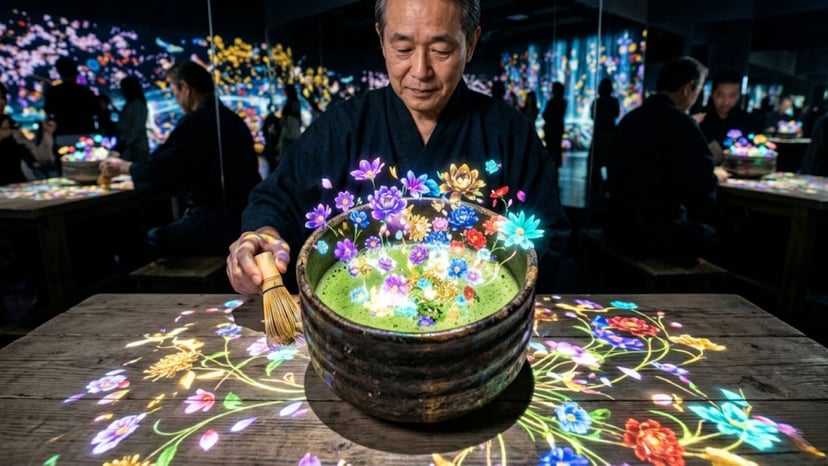 Digital flowers blooming inside a matcha tea cup at EN TEA House.
