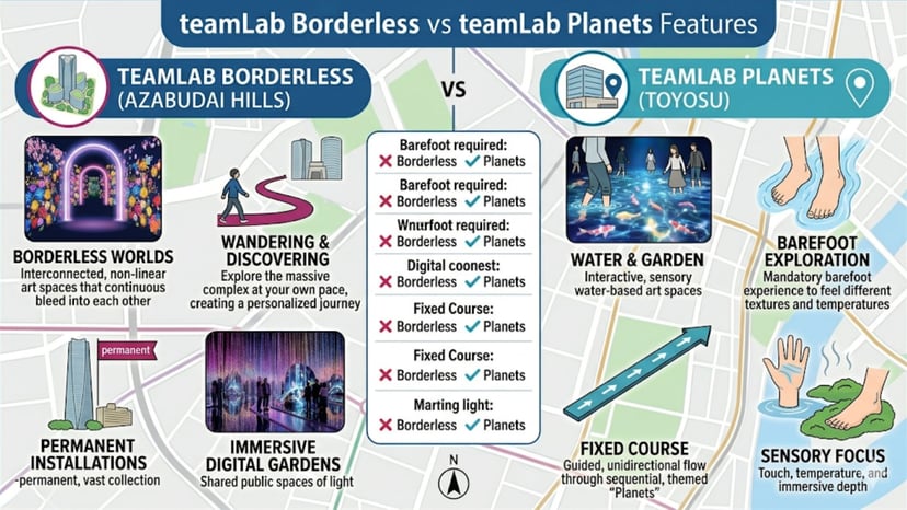 Comparison showing teamLab Borderless vs Planets features.