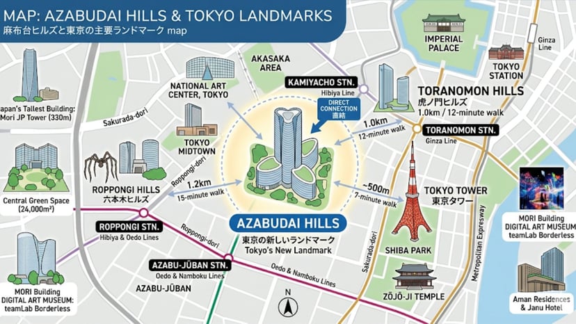 Map showing Azabudai Hills location near Tokyo landmarks.