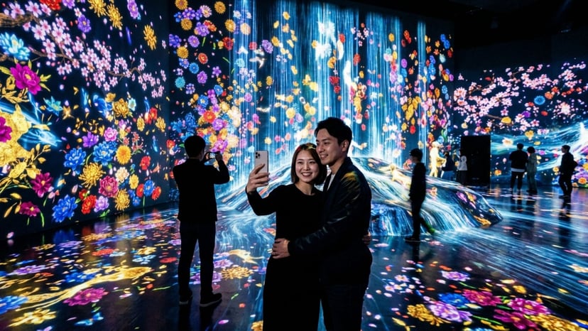 A couple posing for a photo in an interactive light exhibit.