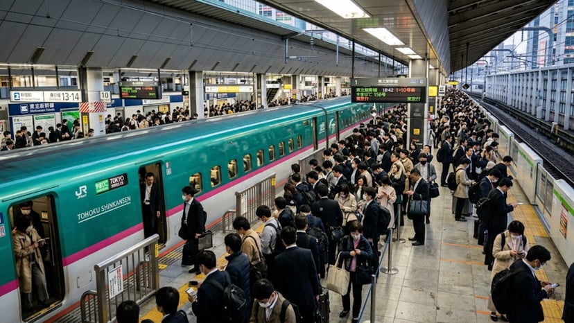 Crowded Tokyo train station platform with Shinkansen train.