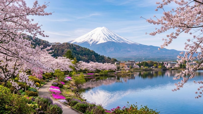 Spring scenery with Mount Fuji in the background.