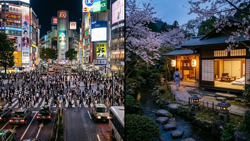 Side-by-side: Bustling Tokyo vs. Quiet Japanese Ryokan.