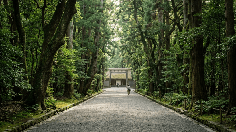 Peaceful gravel forest path leading to Meiji Jingu shrine.